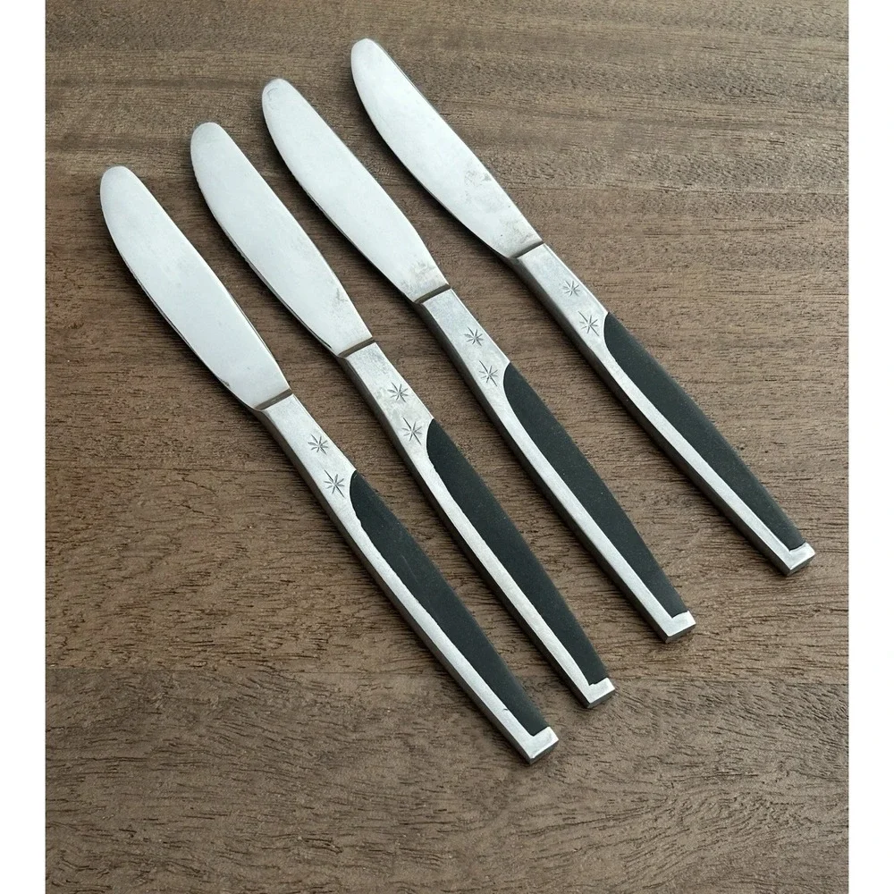 Vintage Mar-Crest Ebony 4 Butter Knives MCFMCF3 Stainless Atomic Starburst Japan